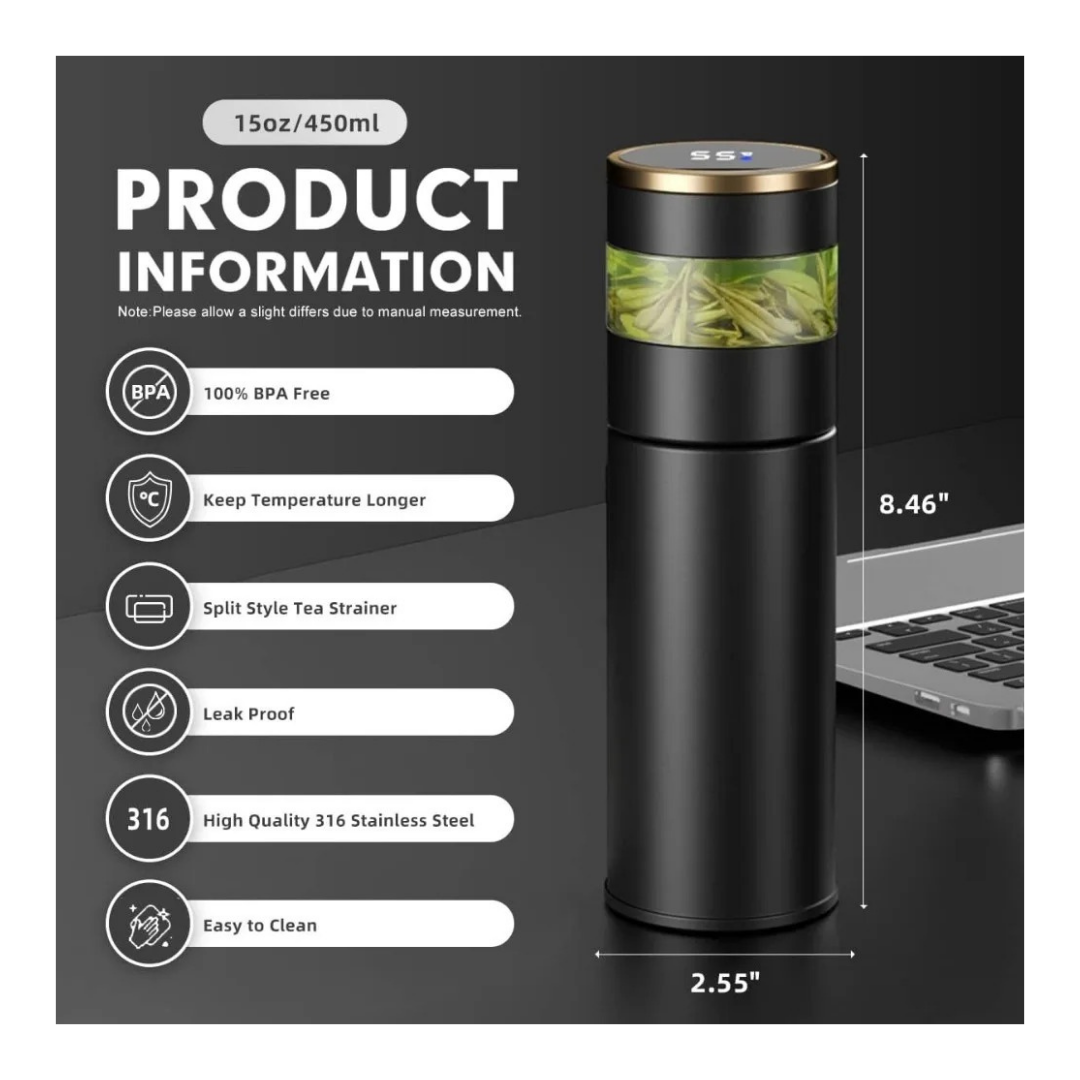 Smarte Tee-Ei-Flasche, 450 ml, vakuumisolierter Becher mit Sieb