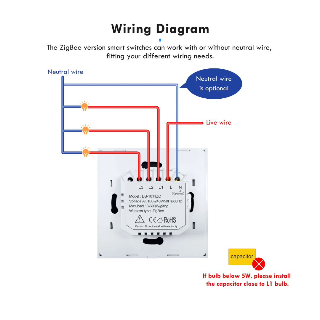 Smart WiFi Wall Hands Free Light Switch No Neutral Wire 8.6X8.6cm