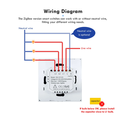 Smart WiFi Wall Hands Free Light Switch No Neutral Wire 8.6X8.6cm